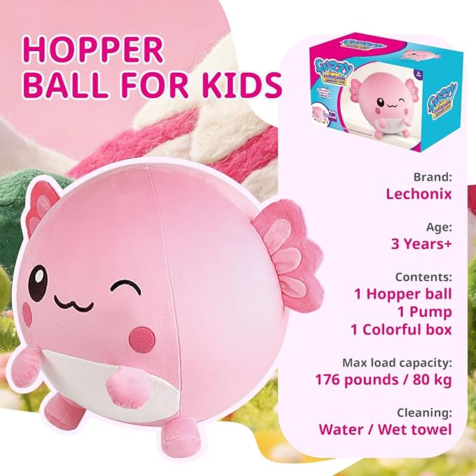 Hopper Ball for Kids 5-8, 29in/73cm Salamander Stuffed Animal, Inflatable Axolotl Gifts for Girls First Birthday Gift, Outdoor Indoor Soft Play Equipment, Pink(Pump Included)