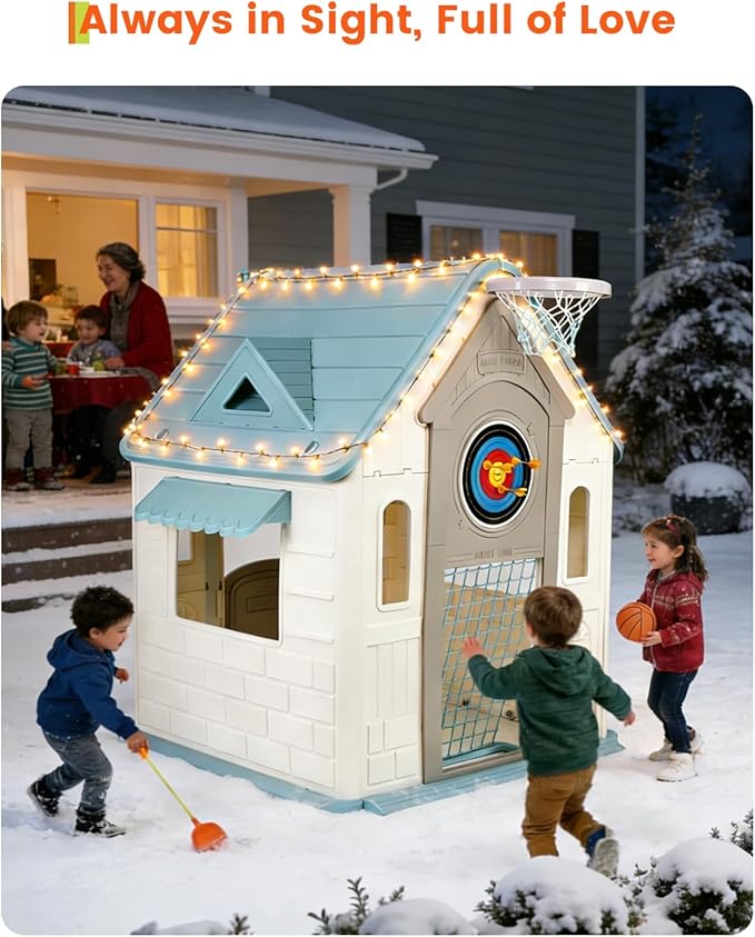 Outdoor Playhouse for Kids - Basketball Hoop, Soccer Goal, Magnetic Dartboard, Ring Toss - Indoor/Outdoor Toddler Cottage Playset, Gift for Ages 3-8