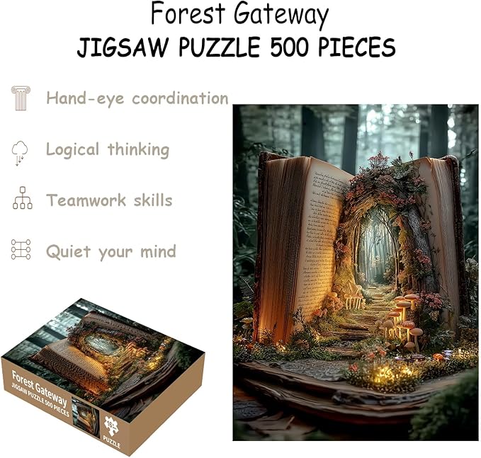 Puzzles for Adults 500 Pieces, Green Book Jigsaw Puzzles - Forest Gateway, Impossible Book Tree Puzzle for Seniors Families, 20.47x14.96 Inches, 1:1 Poster, Letter On The Back