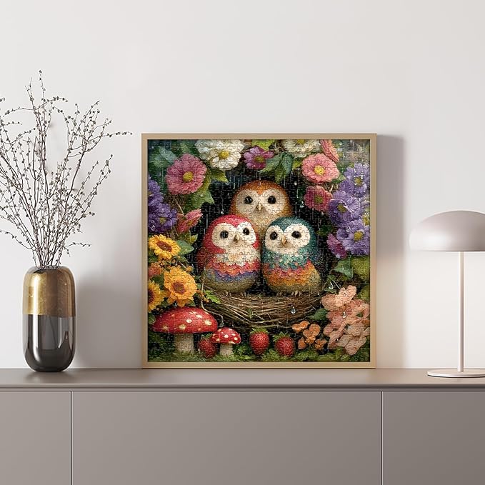 Spring Owl Puzzles for Adults 1000 Pieces, Nature Garden Flower Puzzles with Animal Bird Plant Mushroom, Impossible Hard Challenge Jigsaw Puzzle