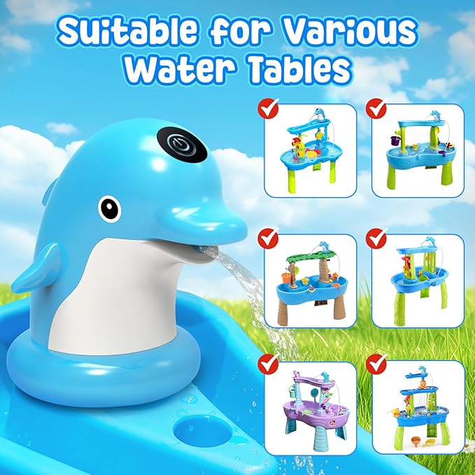 Water Table Pump for Kids & Toddlers, Dolphin Rechargeable Continuous Flow, IPX7 Waterproof, Strong Adhesive Base, No Tools Setup, Water Table Accessories