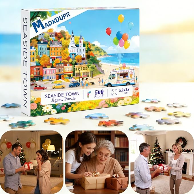 Seaside Town Puzzles for Adults 500 Pieces, Colorful Coastal Town Jigsaw Puzzle with Letters on Back, 21x15 Inch Beach Town Puzzle for Family Game Night, Unique Gift for Puzzle Lovers