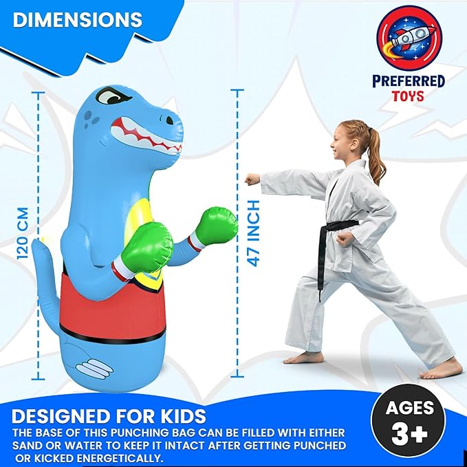 47" Inflatable Dinosaur Punching Bag for Kids - Durable Blow Up Kids Punching Bag with Bounce Back Base - Inflatable Indoor Outdoor Active Toddler Bop Play Toy