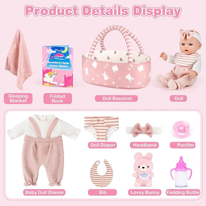 Dreamon 12'' Baby Doll Playset with Carrier Bassinet Bed, 11PCS Baby Doll Accessories Includes Pacifier, Blanket, Pillow, Diaper, Pretend Play Set Baby Doll Care Toys Gifts for Kids Girls