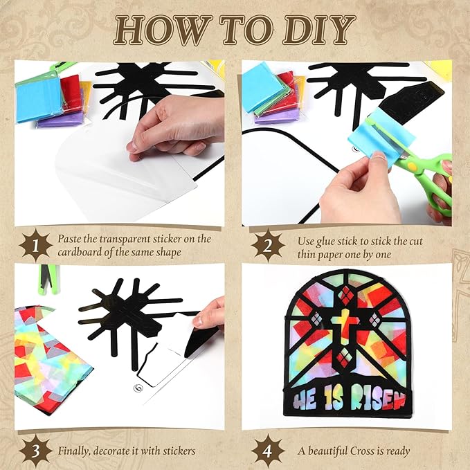 24 Set Easter Suncatchers Crafts DIY Christian Paper Cross Kit He is Risen Craft Jesus Religious DIY Hanging Decor Window Art Activity Gifts for Sunday School VBS Church Decoration