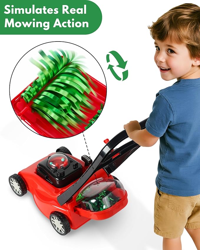 Kids Lawn Mower with Realistic Grass-Cutting Action and Sounds – No Batteries Required | Fun Outdoor Push Toy, Birthday Gift & Holiday Present for 3, 4, 5, 6, 7, 8 Year Old Boys and Girls (Red)