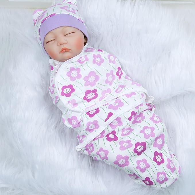 Reborn Baby Dolls Blanket with 4pcs Accessories Set for 17-22 Inch Reborn Baby Doll Clothes Purple Flower Swaddle Blanket Hat Outfit