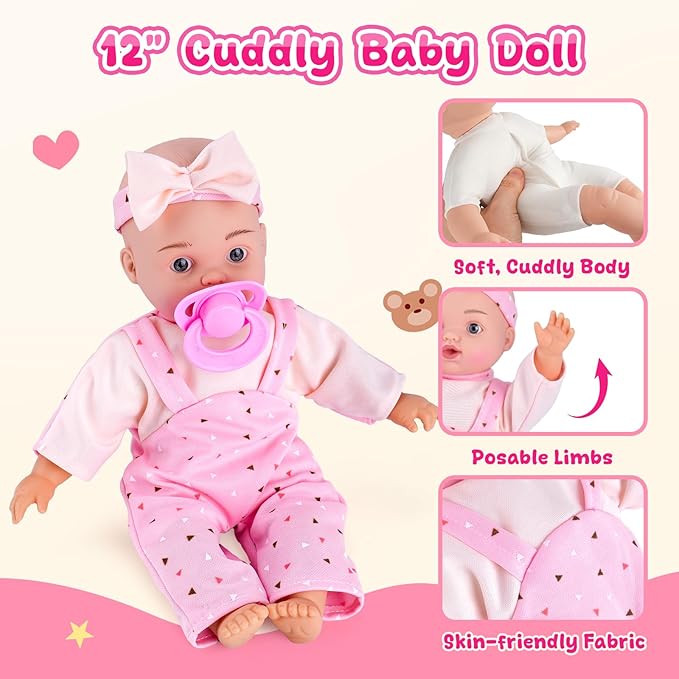 AuntyFey 12" Baby Doll Set, Baby Doll Bassinet with Accessory for Girl Toddlers 1-3 with Bottle, Teddy Bear, Pillow, Blanket