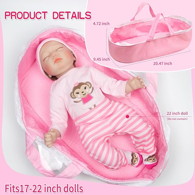 8-Pieces Reborn Baby Doll Clothes with Bassinet for 17-22 Inches Baby Dolls Pink Monkey Pattern Dolls Clothes Outfits Accessories Newborn Baby Girl