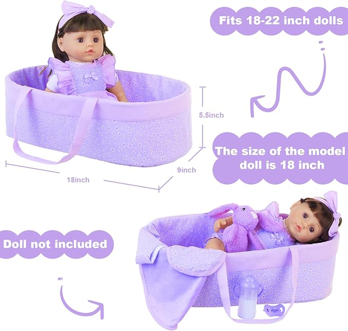 11 Pcs Baby Doll Clothes with Purple Floral Design Baby Doll Bassinet & Accessories for 16-18 Inch Baby Doll, Baby Doll Clothes Outfit Accessories Fit Reborn Baby Doll