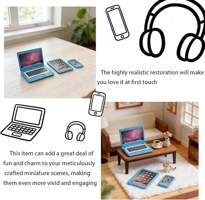 Mini Dollhouse Accessories Set, 1:12 Scale Tiny Miniature Decor for Doll House Furniture DIY (BlueLaptop)