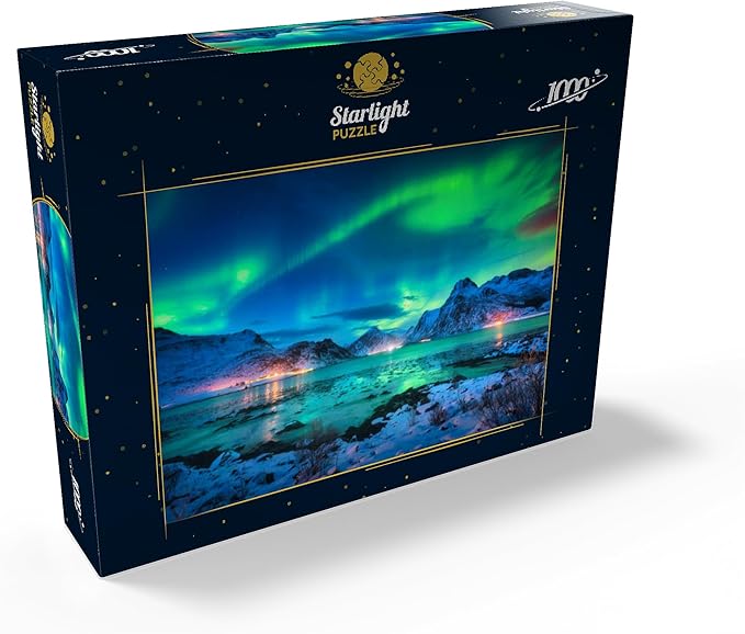 MyPuzzle Aurora Borealis Over Sea Coast, Lights At Night. Northern Lights On Lofoten Islands, Norway - Premium 1000 Piece Jigsaw Puzzle for Adults