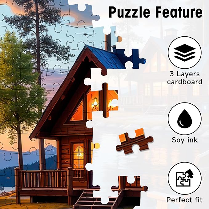 Lake Cabin Puzzles for Adults 1000 Pieces, Sunset Forest Landscape Jigsaw with Bonfire Lodge, Camping Scene Puzzle with Letters on Back, 20x28 Wall Art, Relaxing Family Game, Easter