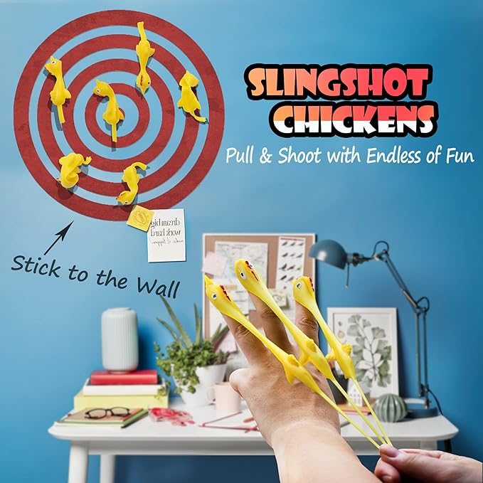 Novelty Place 10 Pcs Slingshot Chicken Flying Finger Toys - Stretchy Rubber Flick Chicks Shooting Game for Kids - Stress Relieve Fidget Toy, Party Favors & Easter Gift