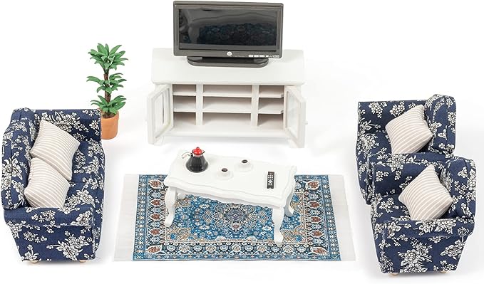 SAMCAMI Miniature Dollhouse Furniture 1 12 Scale - Wooden Dollhouse Furniture Set for Dollhouse Living Room - Doll House Furniture Incl Sofa, TV Cabinet, Coffee Table and Other Accessories (Blue)