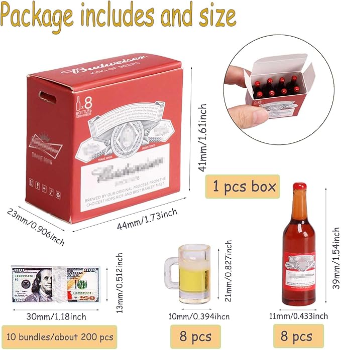 1 Set Doll Props 1/6 Scale Mini Beer Bottles with Glasses&Box Set Mini Money Model for Miniature Doll Accessories Action Figure Props, DIY Crafts,RC Crawler Car Accessories Tiny Collectibles