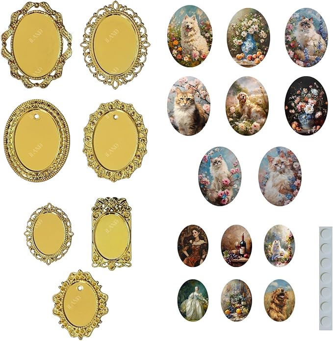 iLAND 1/12 Scale Accessories of Tiny Frames 7pcs with 14 Miniature Pictures Set for Dollhouse Miniatures Décor Also Elf Accessories Classic & Exquisite (Golden Tiny Frame Art)