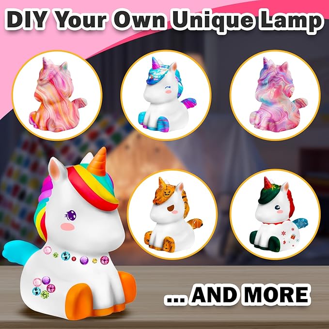 FUNZBO Paint Your Own Unicorn Lamp Kit - Easter Basket Stuffers, Arts and Crafts Supplies Painting for Kids Teens, DIY Night Light Unicorn Toy for Girl Boy Age 3 4 5 6 7 8 9 10 11 12 13 Birthday Gift