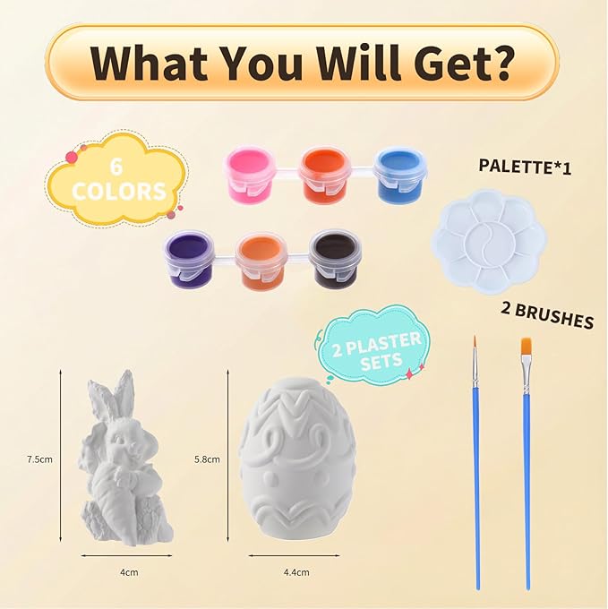 GloomGlo Easter Ceramic Painting Kit - 2PC Bunny Egg Figurines with 6 Colors of Paint, Brushes & Palette, DIY Arts and Crafts Toy for Kids and Adults (2pcs)