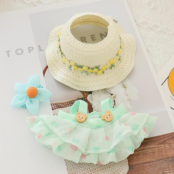 Clothes for Lu bubu 17cm Dolls Accessories (No Doll), Kawaii Hat Skirt Outfit Set 3 Pieces for 17cm Dolls Suit, Stylish Flower Doll Hat Clothing Set Replacement Green