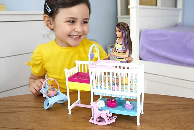 Barbie Skipper Babysitters Inc Dolls & Playset, Nap 'n Nurture Nursery, Skipper Doll, Baby Doll, Crib & 10+ Accessories, Working Toy Bouncer