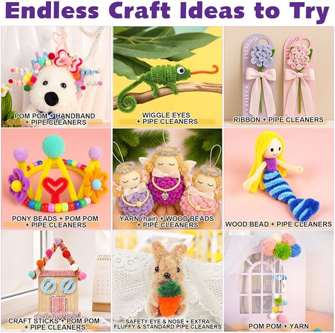FUNSHOWCASE Craft Box with 1000 Supplies – Pipe Cleaners, Yarn, Pom Poms, Tools