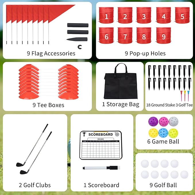 9 Pcs Backyard Golf Outdoor Game with 2 Clubs - Outdoor Golf Yard Game for Adults and Family, Beach, Camping, Lawn, Park