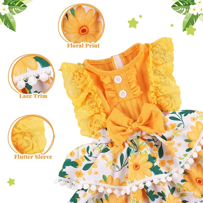 BABESIDE Reborn Baby Doll Clothes for 17-22 Inch Dolls – Yellow Sunflower Outfit with Headband – Soft Dress Up Baby Doll Accessories for Girls’ Pretend Play