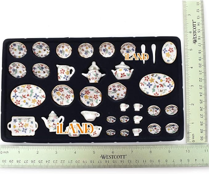 iLAND Dollhouse Accessories and Furniture Set, Tableware Set Dollhouse Dishes Mini Tea Cups Miniature Tea Sets Porcelain 1/12 Scale Accessories (Gorgeous)
