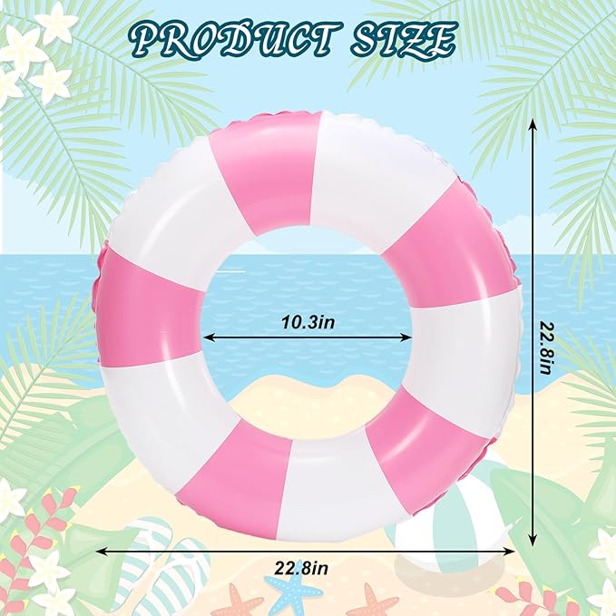 Whaline 4Pcs Inflatable Swimming Float Toy Striped Swim Ring Fun Print Pool Lounger Tube for Summer Swimming Beach Party