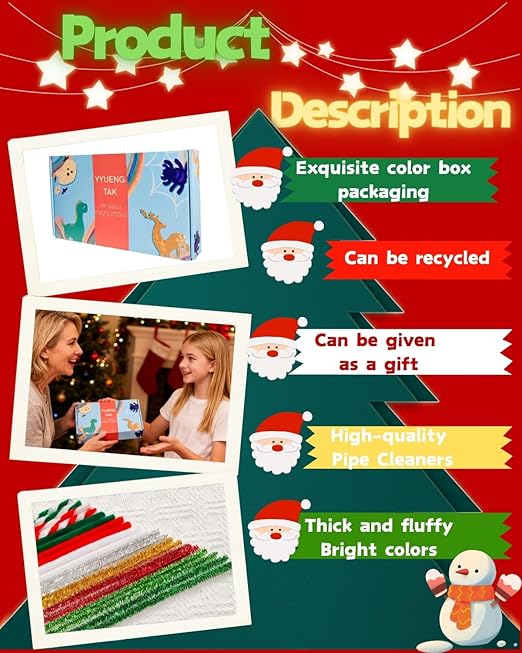 473 Pcs Christmas Pipe Cleaners Craft Set（Various Accessories）,Christmas Craft Kit with Wooden Rings,Card Paper,pom poms,Pearls for DIY Decorations,Christmas Party Supplies & Creative Gift