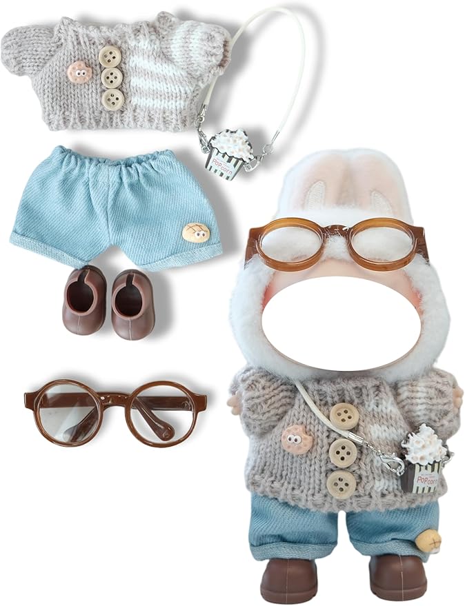 Clothes for 17cm Doll, 5 pcs Set Doll's Outfits Luxury Dress Sweater Pants Glasses Headset Shoes Accessories Fashion Stylish Adorable Dolls Clothes (No Doll) (Cookie Coffee)