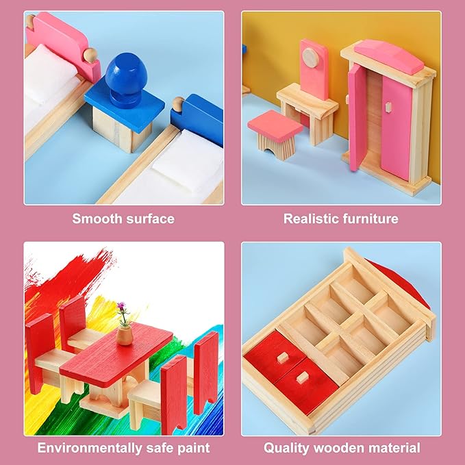 Sumind 35 Pcs Wooden Dollhouse Furniture with Family Figures Dolls for Diverse Imaginative Play Fits Most 1 12 Scale Miniature Dolls House with Kitchen Bedroom Bath Living Room Study Room
