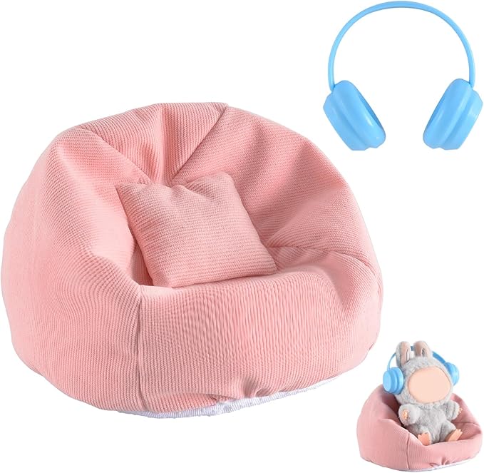 Doll Car Seat for LABUBU, Handmade Bean Bag Sofa with Blue Earphone, Anti-Slip Bottom，Cute Dispaly Accessories for 5.9-6.7in Dolls(Pink)