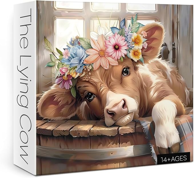 Cute Highland Cow Puzzles for Adults 1000 Pieces, Art Colorful Flower Animal Cattle Jigsaw Puzzle, Funny Plant Wildflower Pages Calf Puzzle