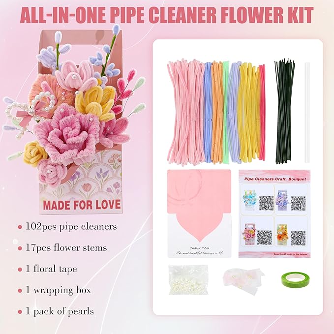 ERNTRNL Pipe Cleaners Craft - Pipe Cleaners Flower Bouquet Supply Kit for Craft Art Project Activity, Birthday Mother’s Day Graduations Anniversaries Gifts
