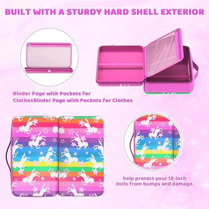 Stylish Travel Case for 12 Inch Fashion Dolls - Storage Solution with Pockets for Doll Accessories - Best for On-The-Go Travel (3-Rainbow)