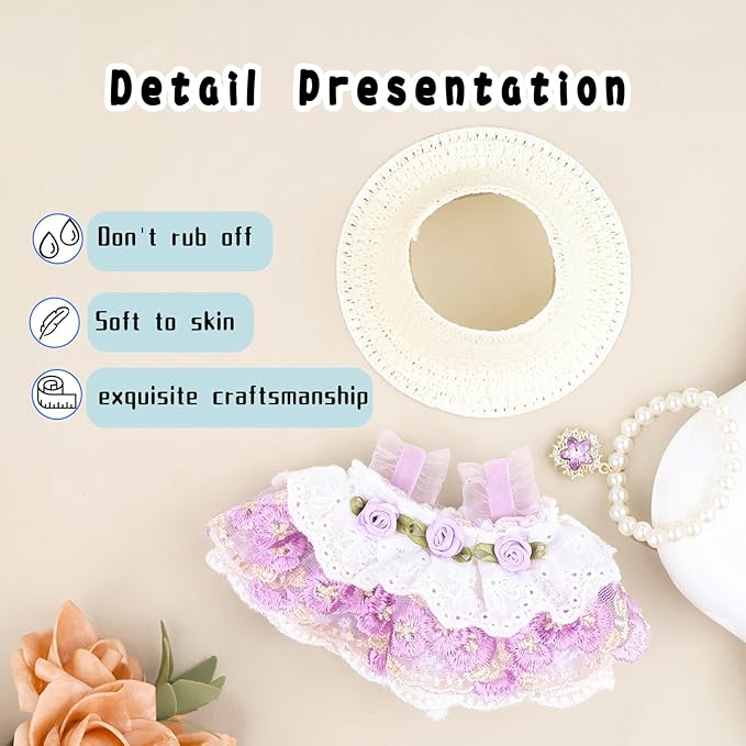 Clothes for labubu Skirt Set for Doll 3 Piece Set with Dress Outfit Hat Necklace Chic Dress for Dolls Accessories (NO Doll)(Lavender Lace)
