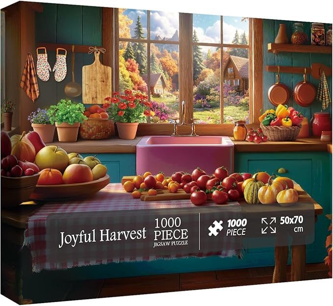 Fall Thanksgiving Holiday Puzzle for Adults 1000 Pieces, Cozy Kitchen Jigsaw Puzzle Autumn, Flower Plant Fruit Floral Pumpkin Harvest Festival Puzzle