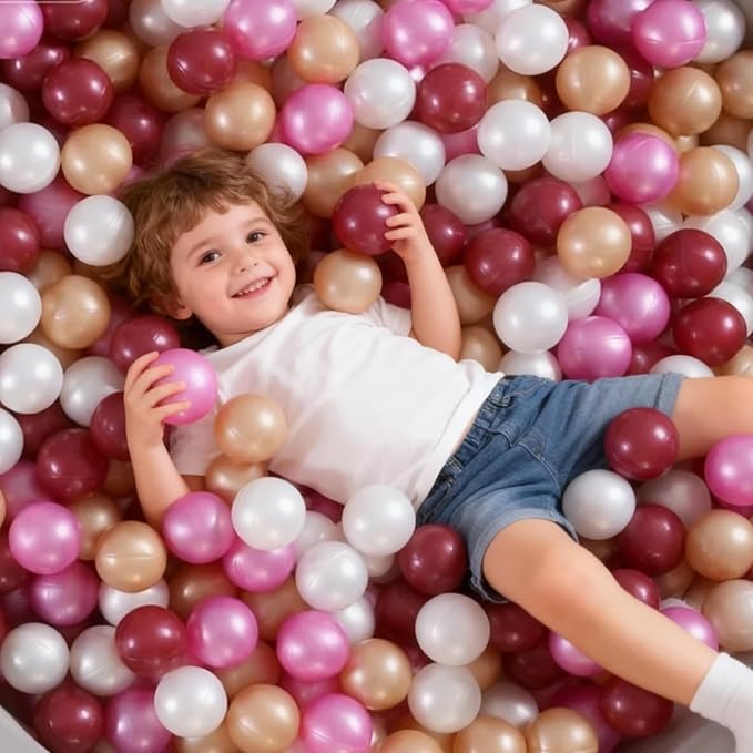 GOGOSO Ball Pit Balls for Toddler, Baby Plastic Playballs Kids Soft Pastel Pelotas Non-Toxic BPA-Free,Dark Pink+Gold+White+red,100 Balls