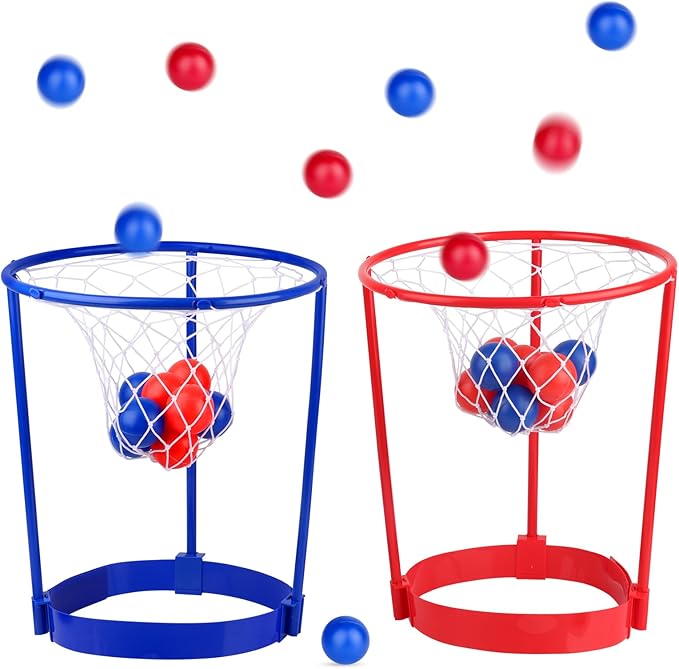 2 Pack Head Hoop Basketball Party Game for Kids and Adults Carnival Game Adjustable Basket Net Headband with 20 Balls for Carnival Party Birthday Party Family Indoor Outdoor Game (Red + Blue)