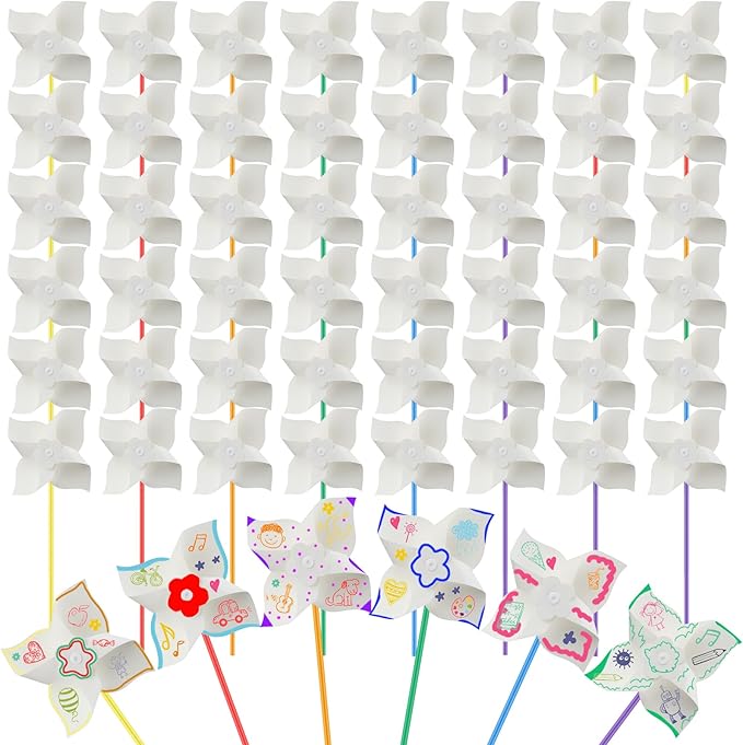 Poen 100 Pcs DIY Pinwheels Paper Craft Bulk Color Your Own White Pinwheels Summer Activity Arts July 4 Patriotic Memorial Day Craft Blank Windmills Party Favor Supplies, 5 Inches