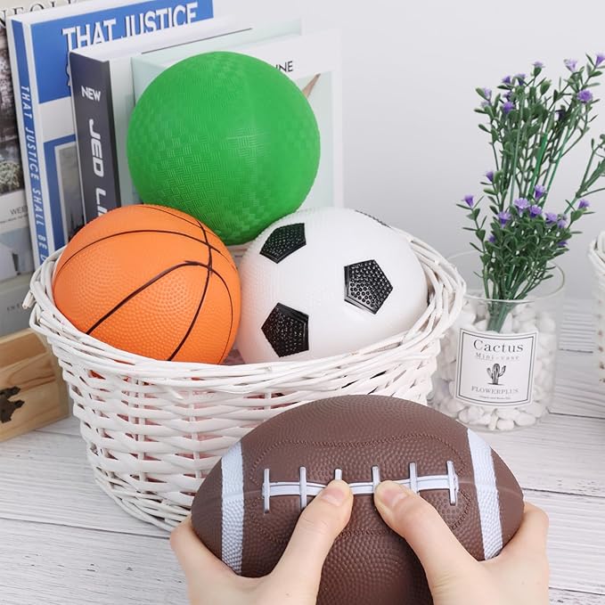 LovesTown 4-Pack Sports Balls, 5-Inch Soccer, Basketball, Playground Balls & 7 Inch Footballs for Toddlers with Pump Indoor Outdoor Toys Birthday Party Favors for Kids