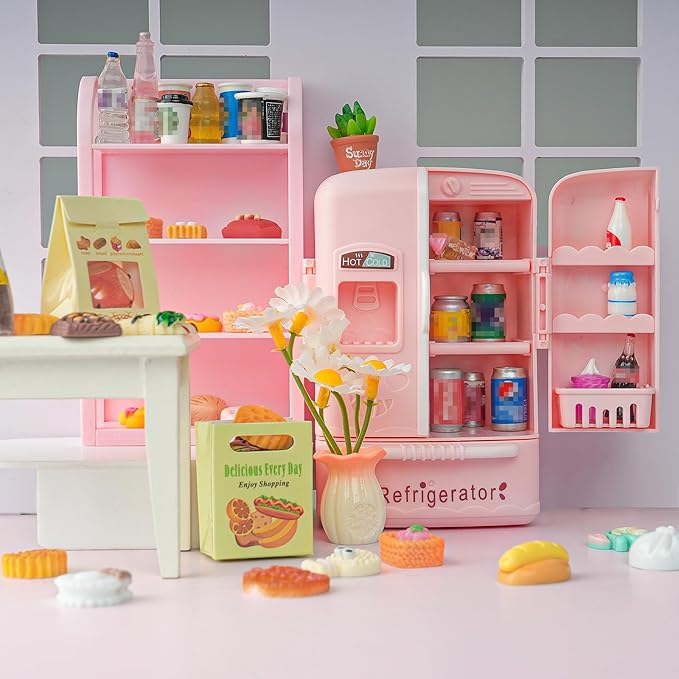 180 Pcs Dollhouse Miniature Kitchen Accessories Shopping Cart Basket Mini Food Drinks Dollhouse Store Grocery Supermarket Metal Handcart Party Model Shelves Cash Register Refrigerator