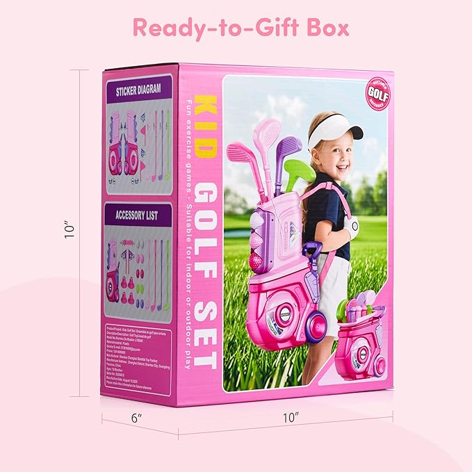 PJG Toddler Golf Set, Plastic Kids Golf Clubs Ages 1 2 3 4 5 Years Old with 4 Golf Clubs and 10 Balls, Indoor and Outdoor Golf Toys with Cart for Toddlers Boys and Girls Birthday Gift (Pink)