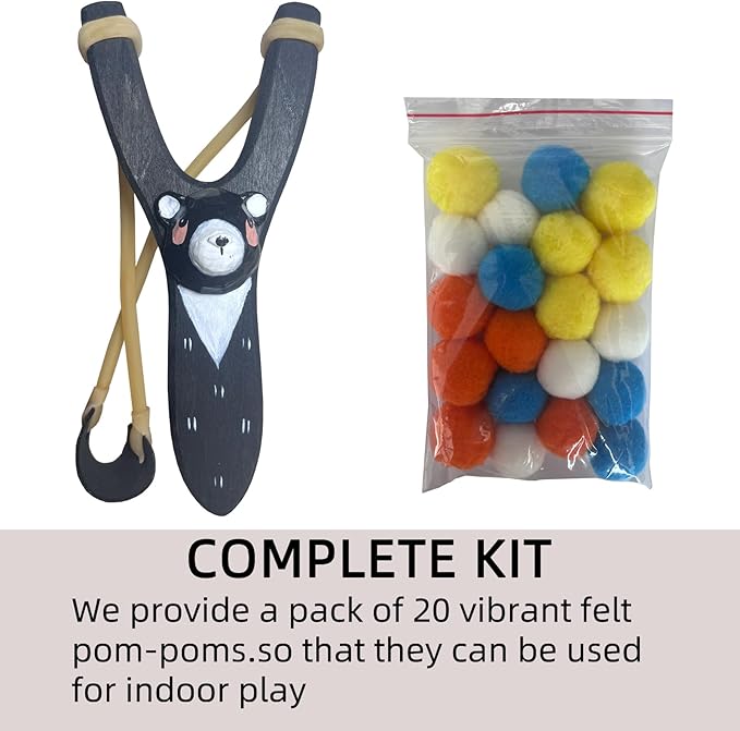 LINJAY Handmade Solid Wood Slingshot with Custom Engraving, Includes Clay Balls & Pompoms - Target Shooting & Outdoor Activity Toy for Kids & Adults, Ideal Children's Gift