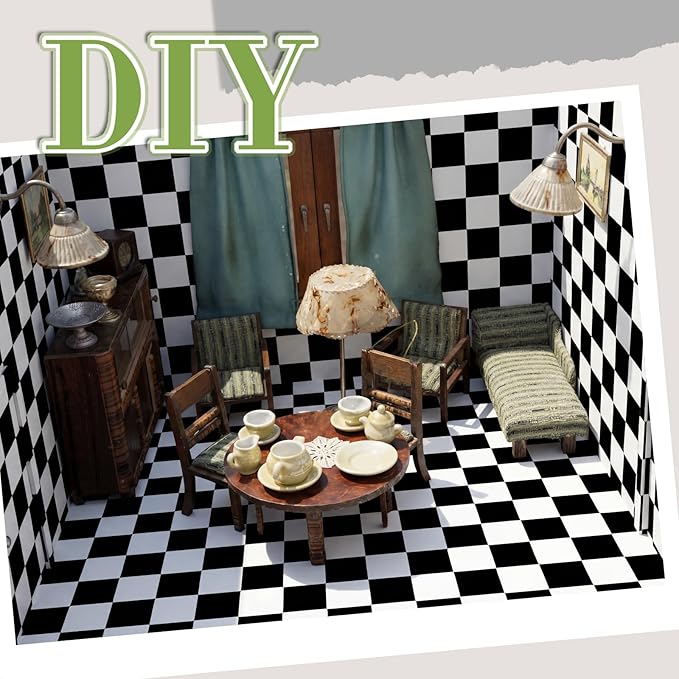 Flutesan 12 Pcs Miniature Dollhouse Wallpaper and Flooring Peel and Stick Mini DIY Self Adhesive Dollhouse Accessories 8.27 x 11.69 Inch (Check Pattern)