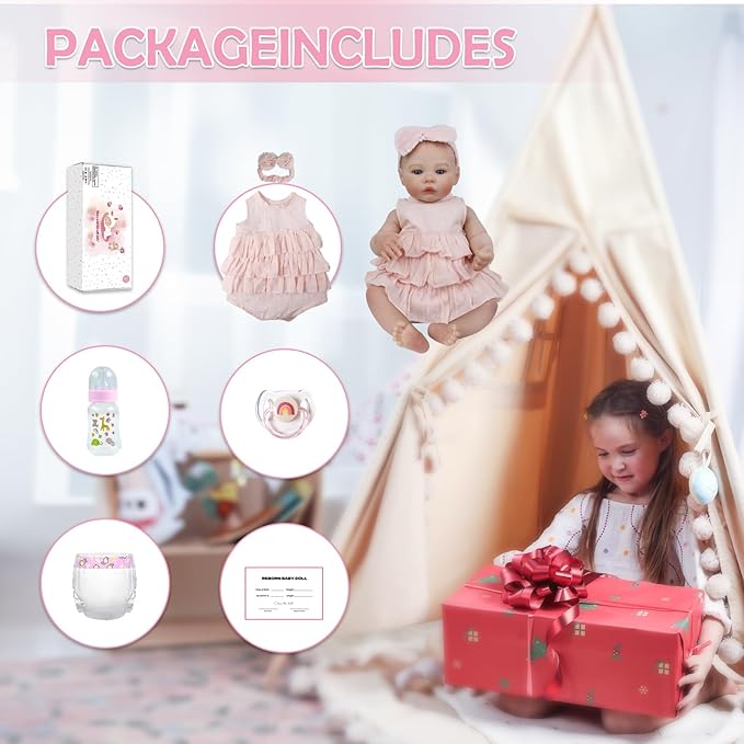 KSBD Realistic Reborn Baby Dolls - 18 Inch Lifelike Newborn Real Life Baby Dolls Girl with Soft Weighted Body, Real Baby Doll Gift Set for Kids Age 3+,Dress