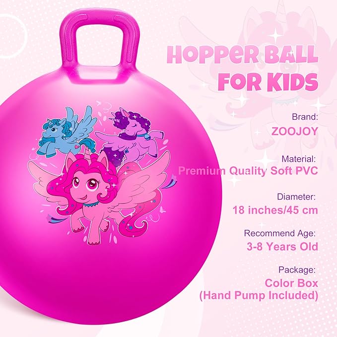 ZOOJOY Hopper Ball for Kids, 18 Inch Bouncy Ball with Handle, Pink Unicorn Girls Toys for Indoor Outdoor Acitve Play with Pump, Easter Basket Stuffers Girls Boys Gifts for 3 4 5 6 7 8 Yr Balance Toys