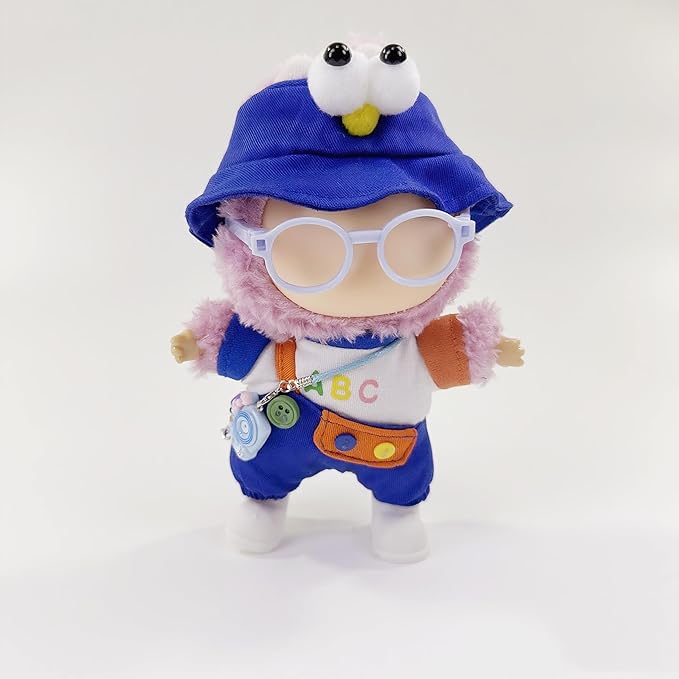 Stylish Adorable 17cm Dolls Clothes, 6PCS Doll Outfits Dress-Up with Hat + Top + Pants + Glasses + Shoes + Pendant Accessories (No Dolls) Blue